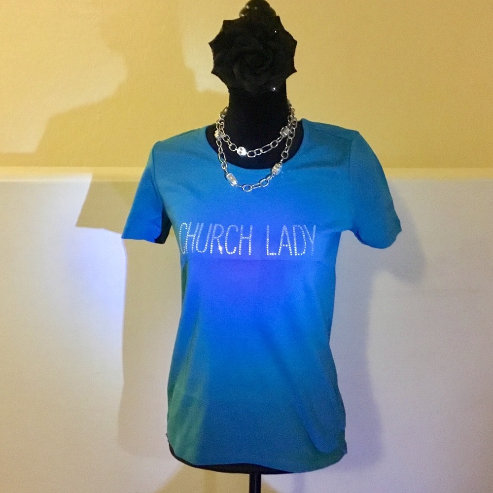 Women's Teal Church Lady Rhinestone TSHIRT - SM